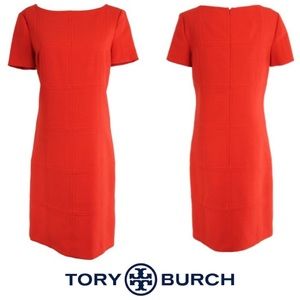 TORY BURCH KELTON RED WINDOWPANE WOOL SHEATH SHORT SLEEVE DRESS